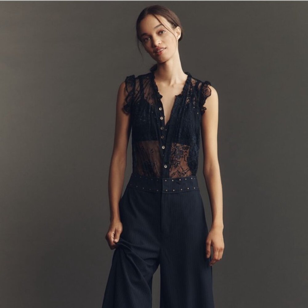 By Anthropologie Lace Pinstripe Jumpsuit 2 tall
